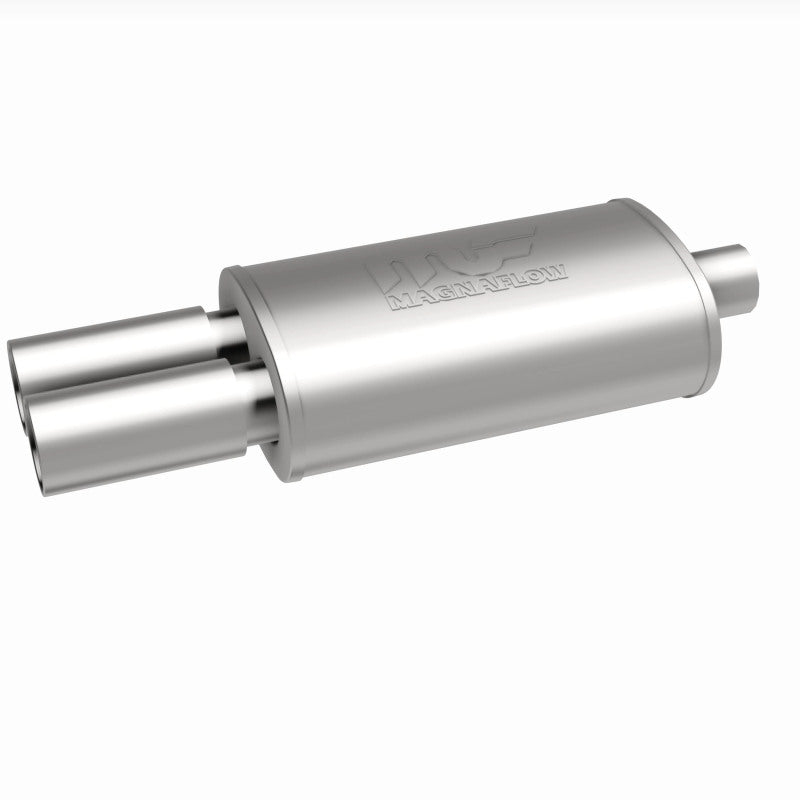 MagnaFlow stainless steel muffler with tip, 14x5x8 inches, featuring dual inlet outlets and polished finish, designed for vehicle exhaust.