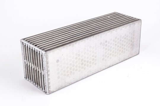 Garrett H2O / Air CAC intercooler for 750 HP, compact 3.80x3.80x11.70-inch cooling component with fins and mounting brackets