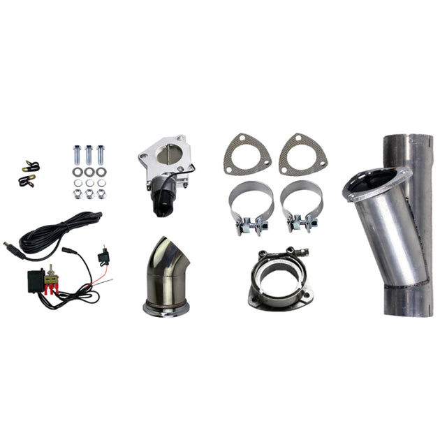 Granatelli 3-inch aluminized mild steel electronic exhaust cutout with slip fit and band clamps, showing the adjustable exhaust outlet.