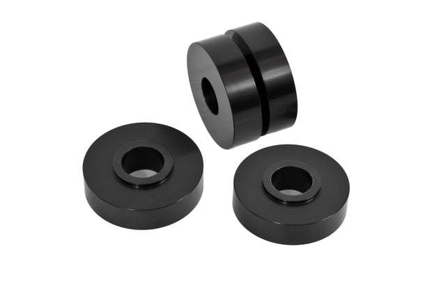 Black anodized BMR Suspension F-Body motor mount solid bushing upgrade kit for 1993-2002 Chevrolet Camaro and Firebird engine mounts.