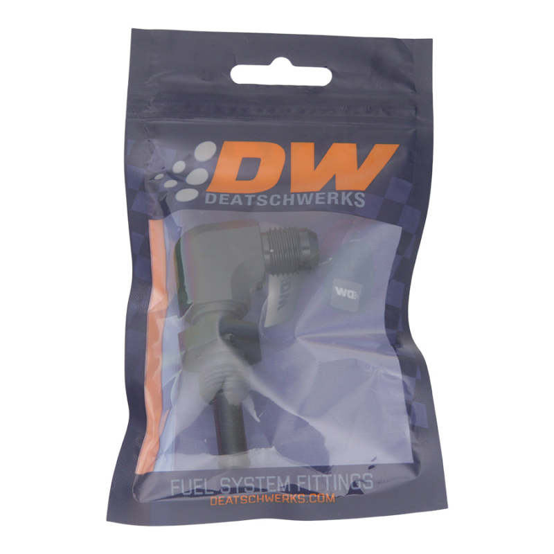 DeatschWerks 6AN male flare to 5/16-inch male barb bulkhead adapter, 90-degree, anodized matte black fitting for fuel lines.