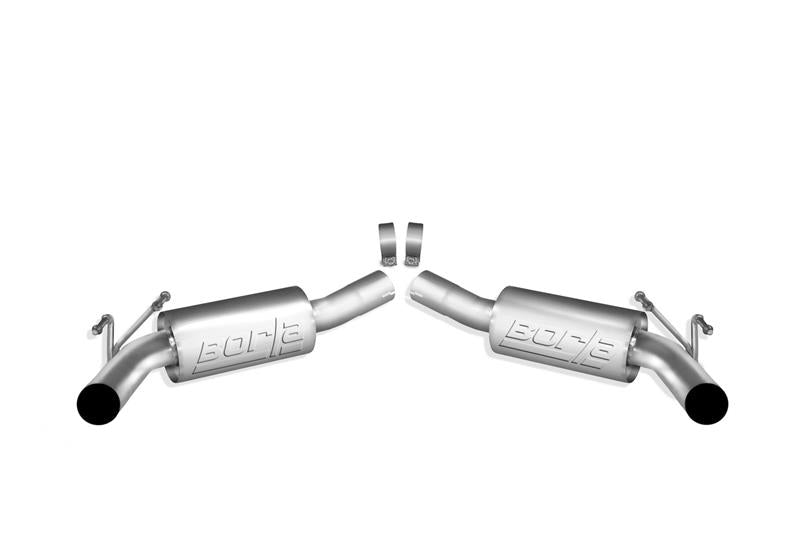 Borla catback exhaust system for 2010 Camaro 6.2L ATAK model, rear view showing polished exhaust pipes without tips.
