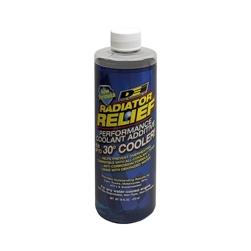 DEI Radiator Relief coolant bottle, 16oz, for engine cooling system, designed to prevent overheating and improve radiator performance.