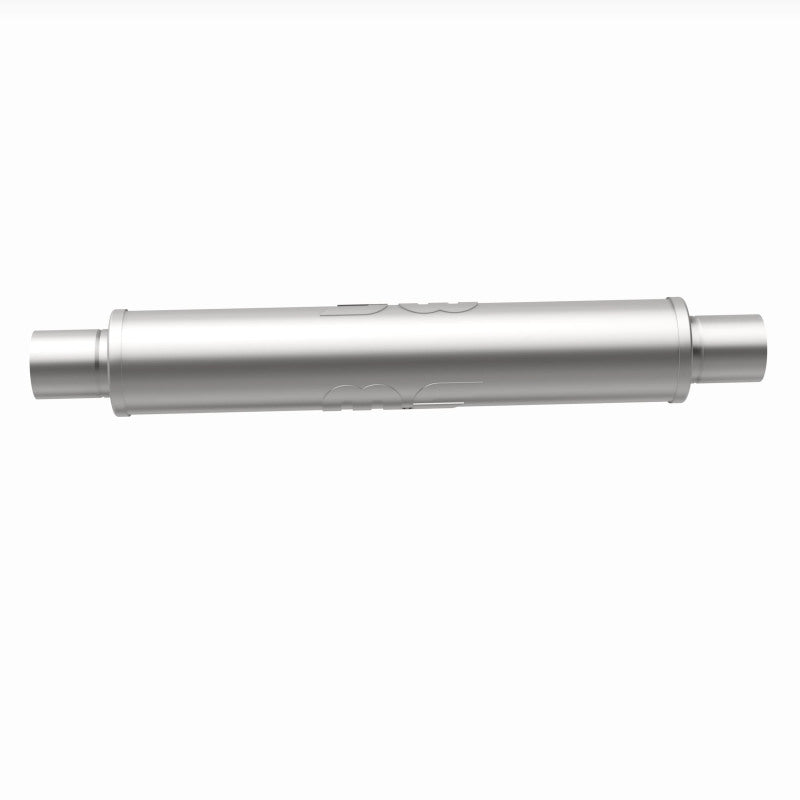 MagnaFlow Mag SS muffler with 22x4x4 inch dimensions and 2.5-inch inlet and outlet pipes, showcasing a sleek stainless steel design.