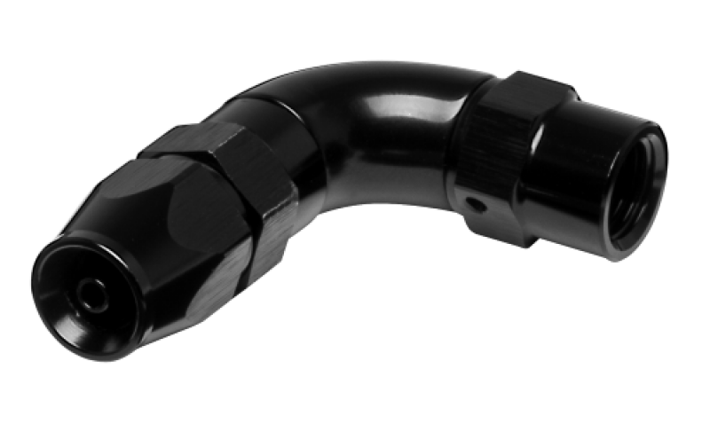 Vibrant aluminum 3AN 90-degree high-flow hose end fitting for PTFE lined hoses, designed for secure, efficient fluid connections.