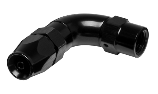 Vibrant aluminum 3AN 90-degree high-flow hose end fitting for PTFE lined hoses, designed for secure, efficient fluid connections.