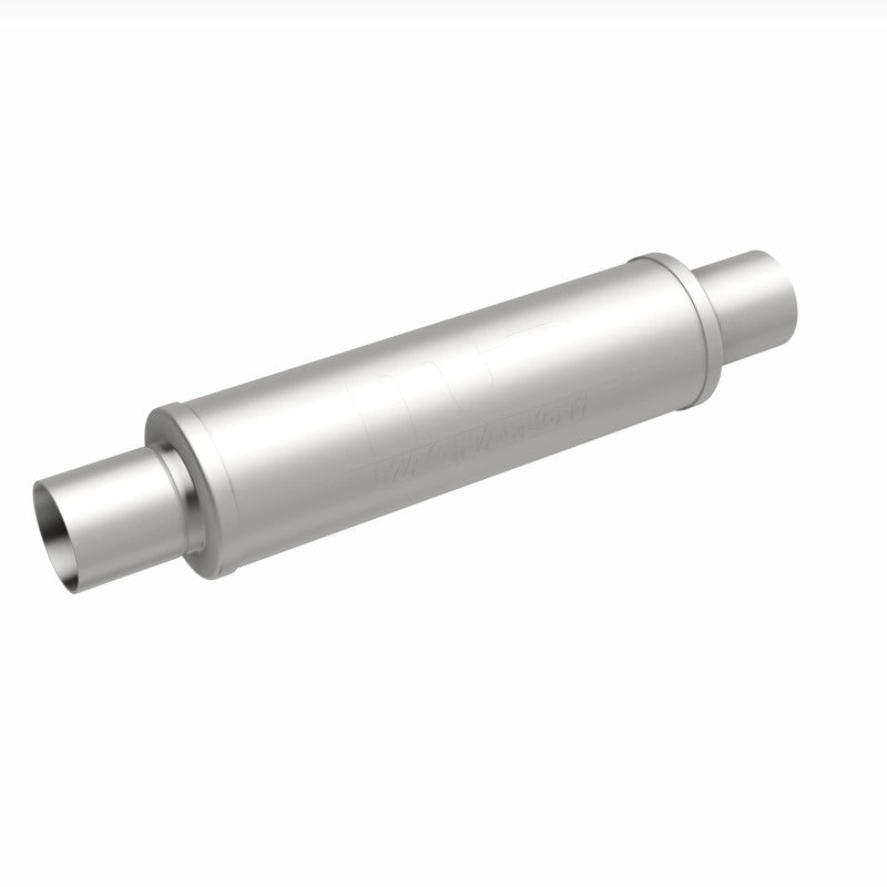 MagnaFlow Mag SS muffler with 14x4x4 inch body and 2.5x2.5 inch inlet/outlet pipes, stainless steel construction, visible in the image.