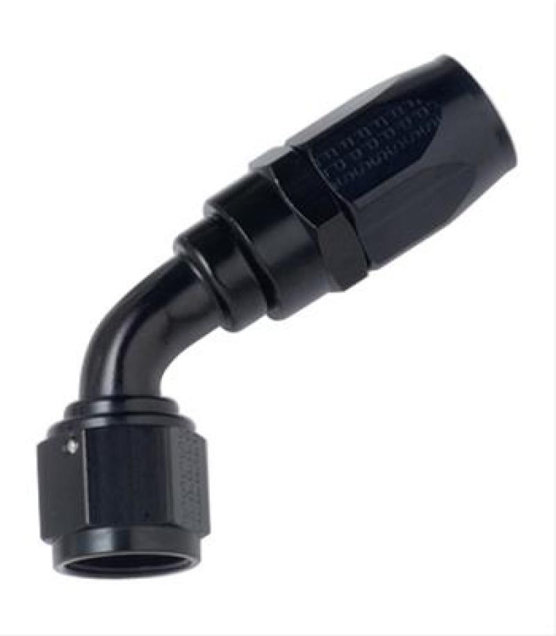 Fragola -6AN black aluminum 45-degree P/S hose end fitting, used for high-performance automotive fuel and fluid connections.