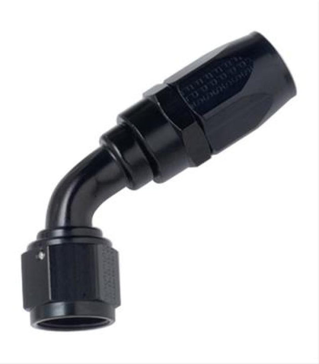 Fragola -6AN black aluminum 45-degree P/S hose end fitting, used for high-performance automotive fuel and fluid connections.