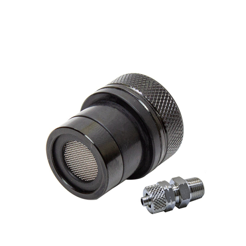 Snow Performance windshield washer reservoir bung fitting with quick connect for vehicle washer system.