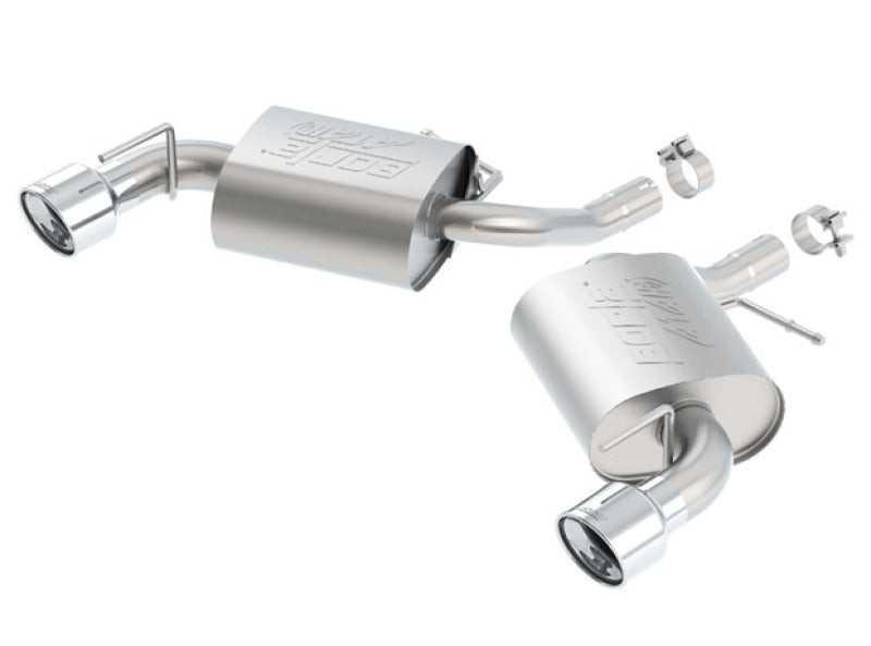 Borla axle back exhaust for 2016 Chevy Camaro 2.0L Turbo, rear section with polished tips and dual exhaust outlets.