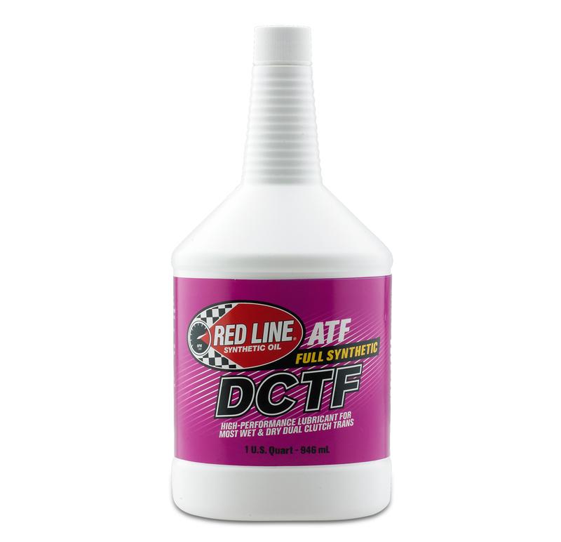 Red Line DCTF dual clutch transmission fluid quart bottle with label showing product details and branding.