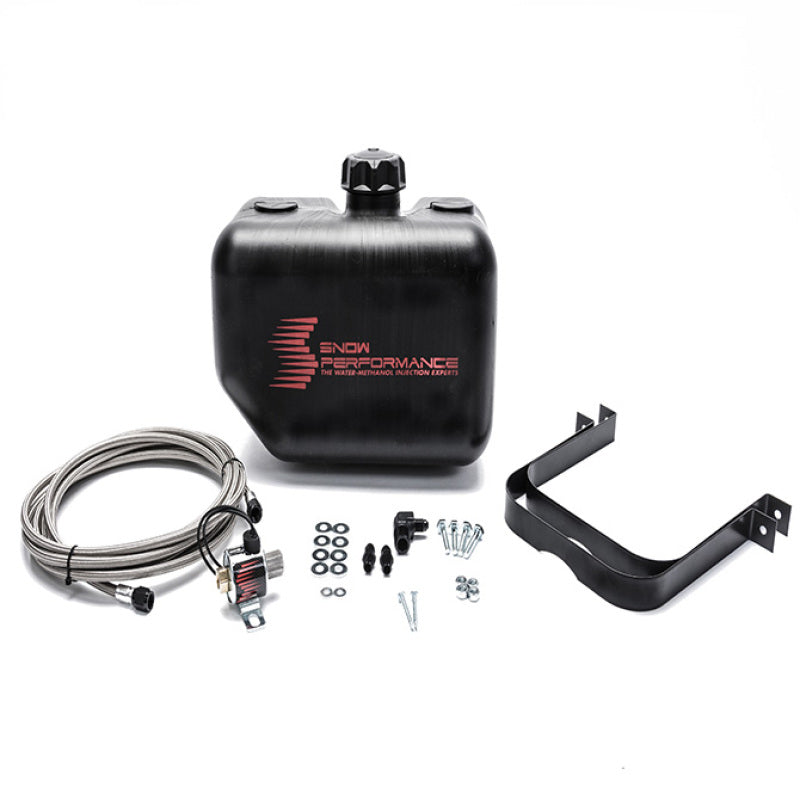 Snow Performance 2.5-gallon water tank upgrade with braided stainless steel lines, bracket, solenoid, hose, and fittings for reservoirs