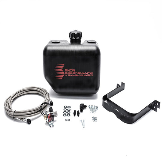 Snow Performance 2.5-gallon water tank upgrade with braided stainless steel lines, bracket, solenoid, hose, and fittings for reservoirs