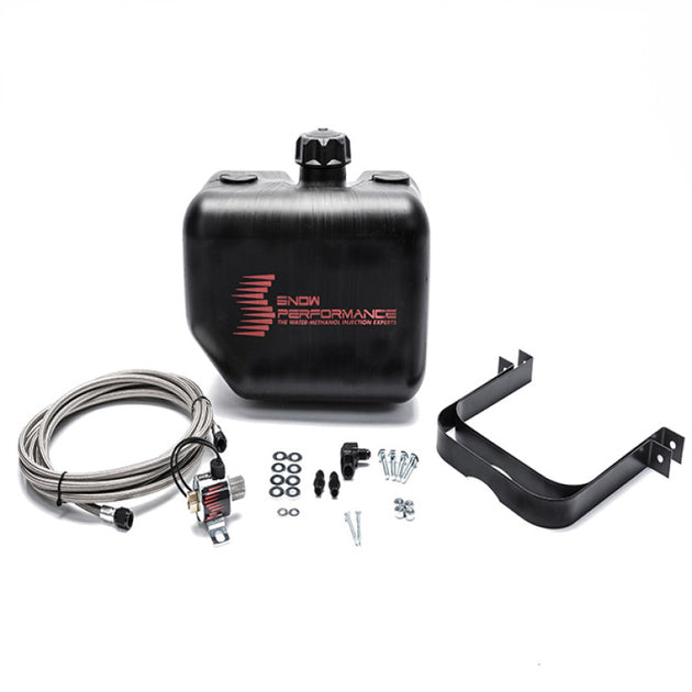 Snow Performance 2.5-gallon water tank upgrade with braided stainless steel lines, bracket, solenoid, hose, and fittings for reservoirs