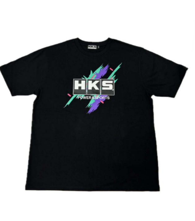 Black HKS T-SHIRT Super Racing V2 shirt, size large, featuring the HKS logo and racing-inspired design on the front.