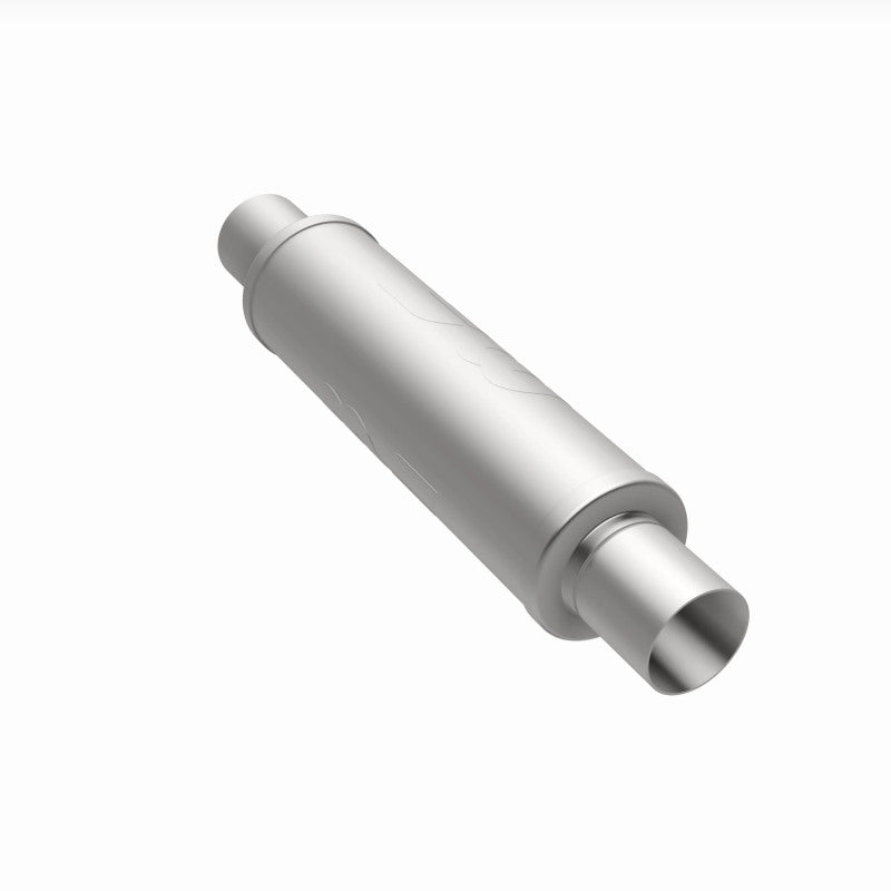 MagnaFlow Mag SS muffler with 14x4x4 inch body and 2.5x2.5 inch inlet and outlet pipes, stainless steel construction.