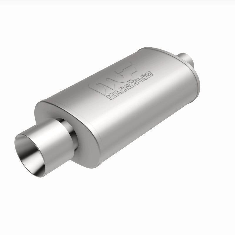 MagnaFlow stainless steel muffler with exhaust tip, 14x5x8 inches, suitable for automotive exhaust systems.