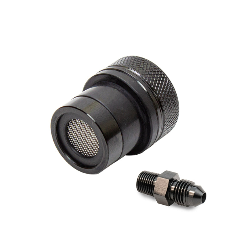 Snow Performance windshield washer reservoir bung with -4AN fitting and nipple for automotive fluid systems.