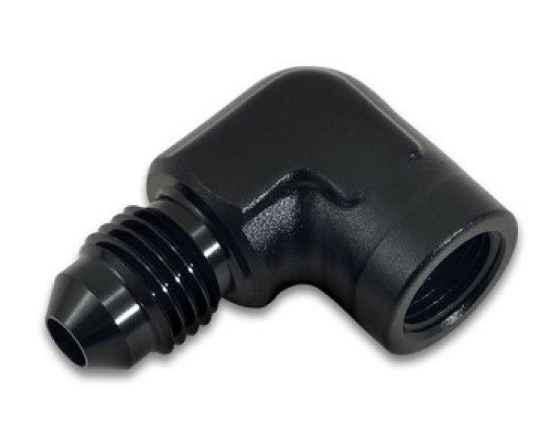 Vibrant -4AN to 1/8 inch NPT 90-degree adapter fitting for fluid connections, shown in close-up with metal finish.