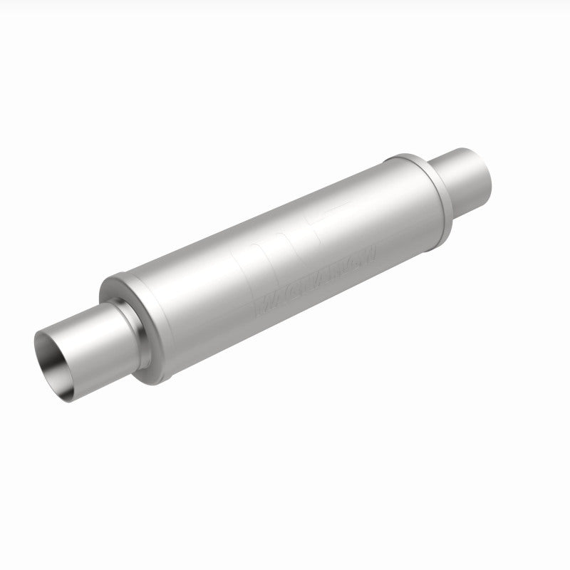 MagnaFlow Mag SS muffler with 14x4x4 inch body and 2.5x2.5 inch inlet/outlet pipes, shown from side view.