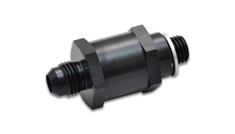 Vibrant fuel pump check valve fitting with -8AN male flare to 12mm x 1.5 metric connection, shown in close-up.