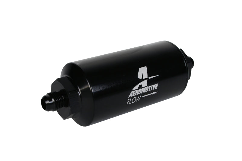 Aeromotive in-line fuel filter with AN-6 male fittings, 10 micron fabric element, bright dip black finish for automotive fuel systems.