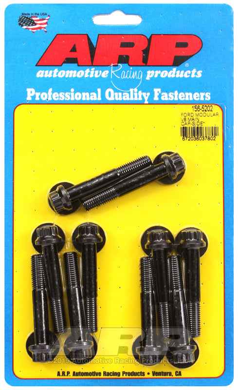 ARP Ford Modular V8 main cap side bolt kit for late cast iron block, includes M9 main bolts and studs for engine assembly.