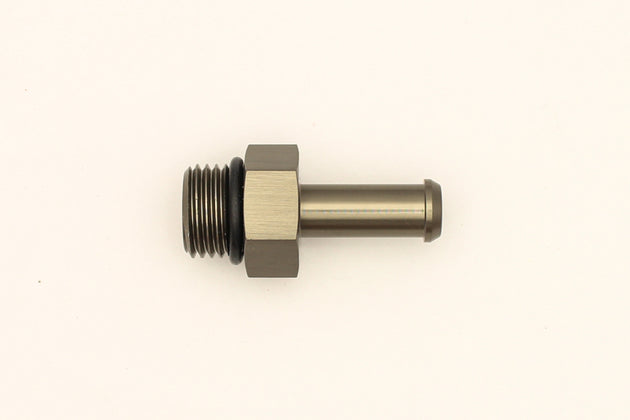DeatschWerks 6AN ORB male to 5/16 inch barb fitting with O-ring, designed for fuel or fluid connections, single barb fitting.