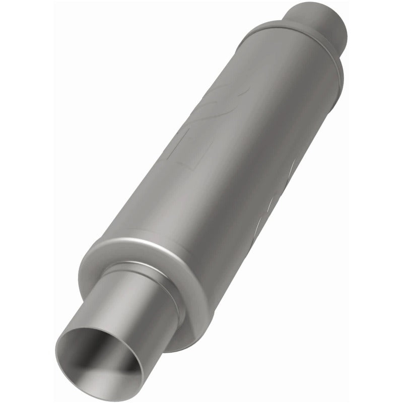 MagnaFlow Mag SS muffler with 14x4x4 inch body and 2.5x2.5 inch inlet/outlet pipes, stainless steel construction for exhaust systems.