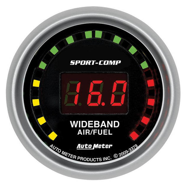 AutoMeter Sport-Comp 52mm digital wideband air/fuel ratio gauge with illuminated display and black bezel.