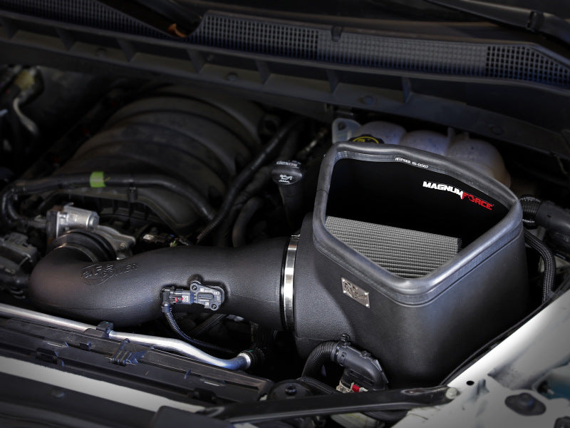 aFe MagnumFORCE Stage-2 Pro Dry S cold air intake system for 2019 GM Silverado/Sierra 1500 V8 6.2L engine, with air filter and intake tube.