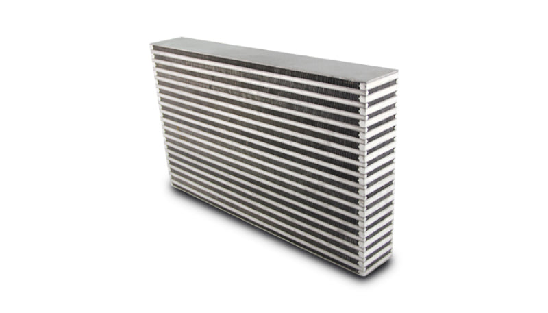 Vibrant horizontal flow intercooler core with 20-inch width, 11.75-inch height, and 3-inch thickness, showing aluminum fins and end tanks.