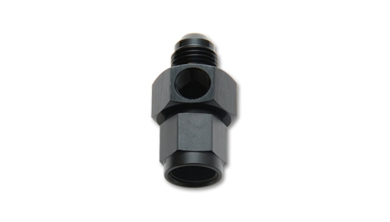Vibrant -4AN male to female union adapter fitting with 1/8in NPT port, shown in close-up for automotive or plumbing applications.