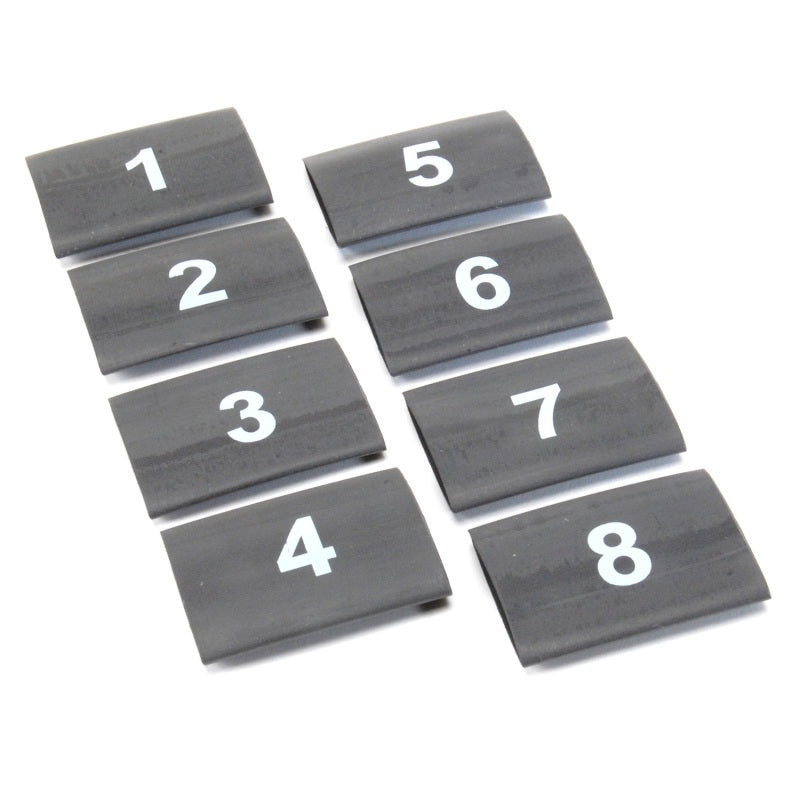 DEI heat shrink wire markers set with 8 black numbered sleeves from 1 to 8 for electrical labeling and organization.