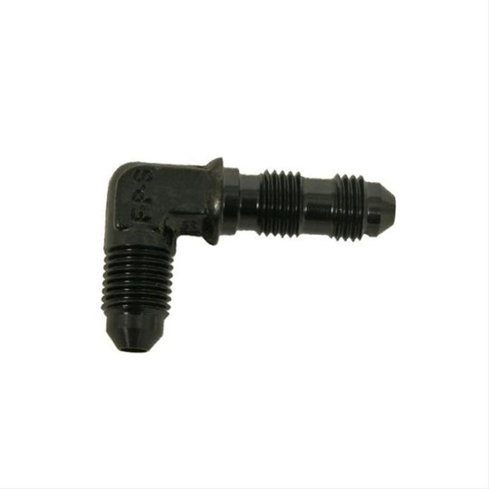 Fragola black -3AN x 90-degree bulkhead fitting showing the angled fitting with threaded ends for fluid transfer systems.