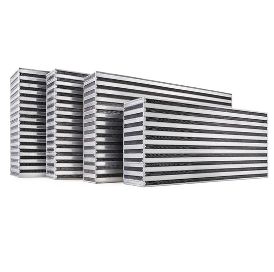 Garrett Air Intercooler CAC for 750 HP, vertical flow design, featuring aluminum fins and end tanks, measuring 8x3.5x24 inches.