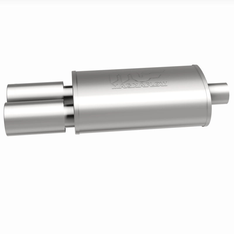 MagnaFlow stainless steel muffler with tip, 14x5x8 inches, featuring dual inlet and outlet pipes, for enhanced exhaust sound and performance.