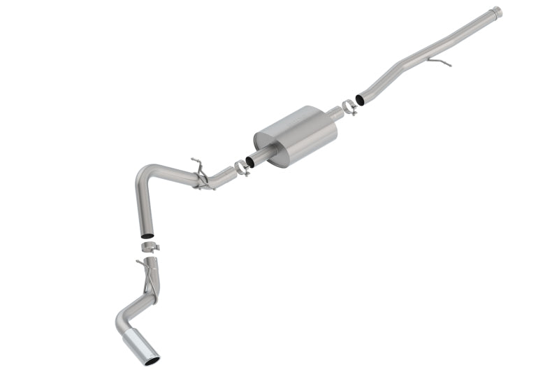 Borla catback exhaust system for 2019 Silverado Sierra 1500 5.3L V8, showing polished stainless steel pipes and muffler.