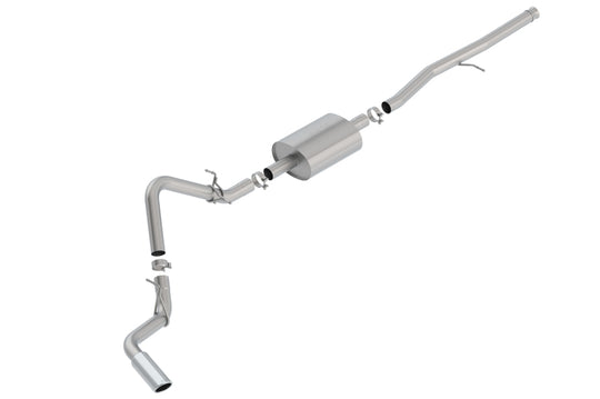 Borla catback exhaust system for 2019 Silverado Sierra 1500 5.3L V8, showing polished stainless steel pipes and muffler.