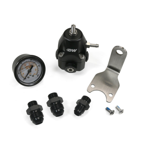DeatschWerks DWR1000C fuel pressure regulator with pressure gauge, black anodized finish, includes 6AN and 8AN fittings.