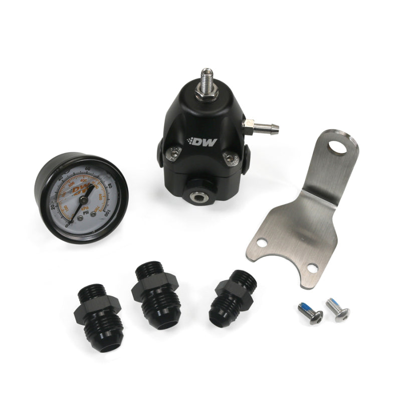 DeatschWerks DWR1000C fuel pressure regulator with pressure gauge, black anodized finish, includes 6AN and 8AN fittings.