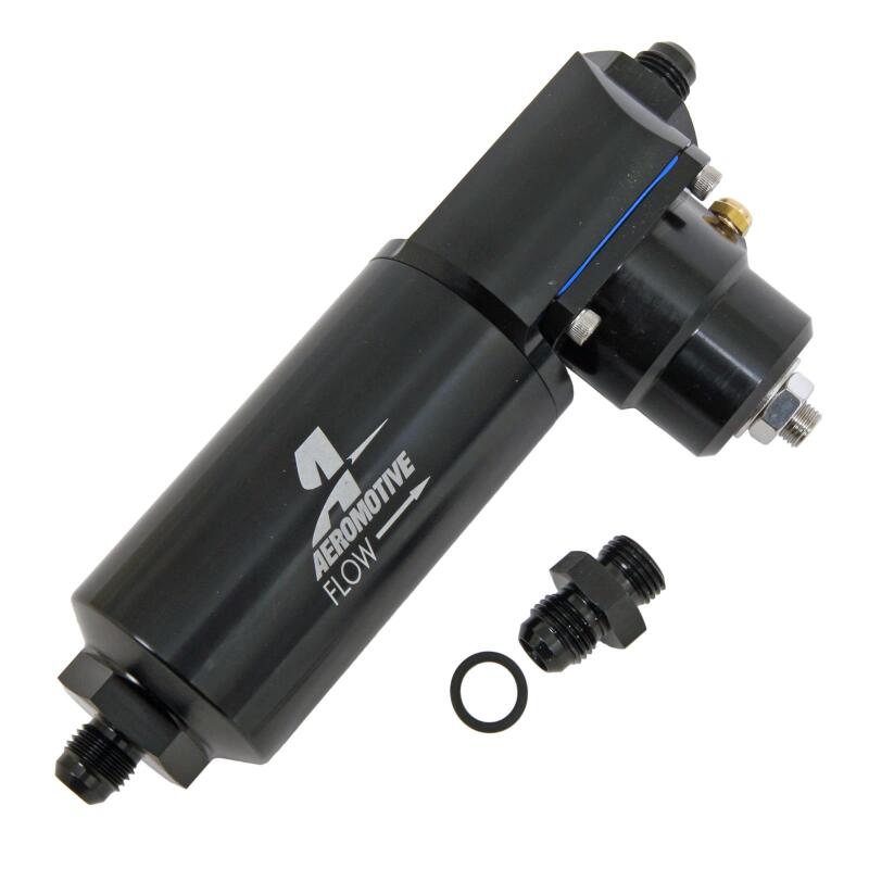 Aeromotive universal fuel filter combo with EFI regulator, 10-micron AN-06 flare fuel pressure regulator and filter assembly.