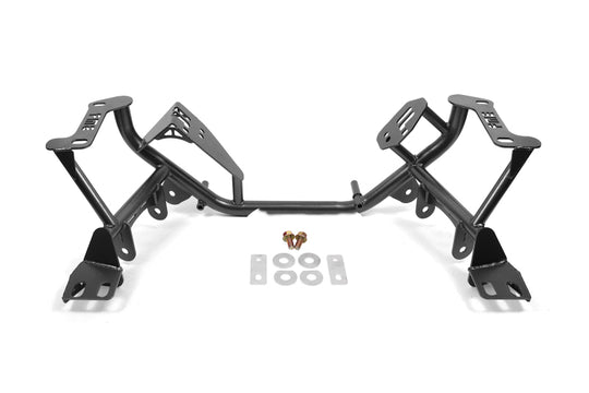Black Hammertone BMR Suspension K-Member for Ford Mustang 1979-1995, standard version, shown from a side angle.