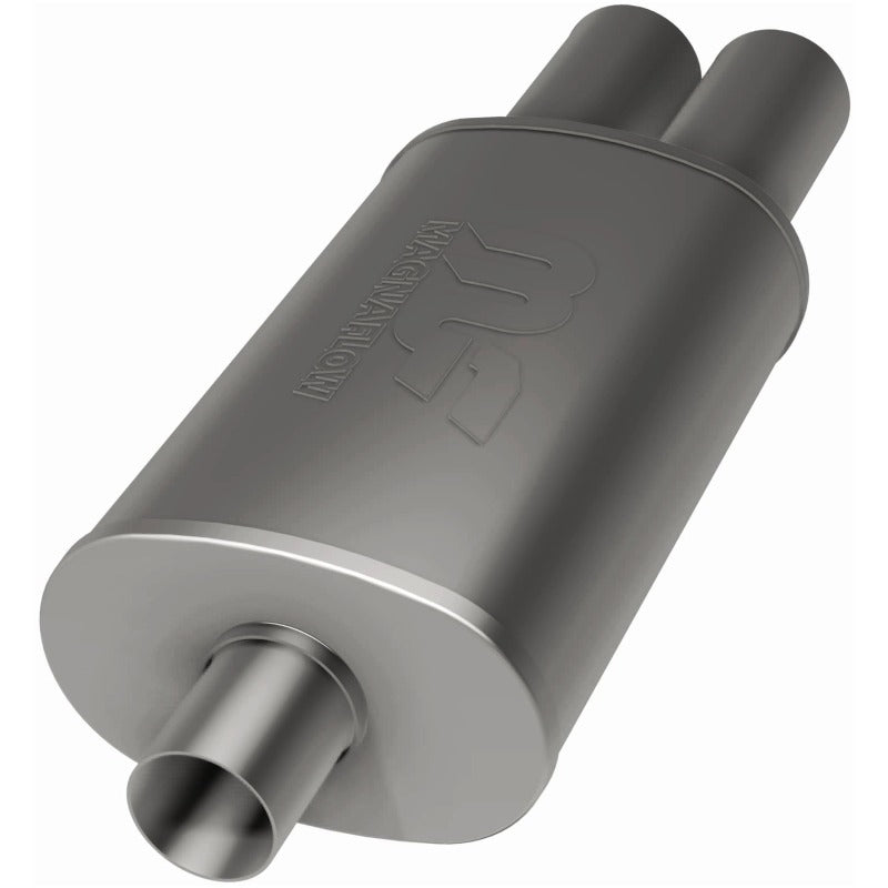MagnaFlow stainless steel muffler with tip, 14x5x8 inches, featuring dual inlet/outlet ports and polished finish.