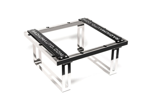 Radium Engineering 6-gallon fuel cell weld-in cage for fuel tanks, shown with mounting hardware and secure welding points.