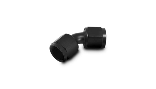 Vibrant black -20AN female flare swivel 45-degree fitting, AN to AN, with anodized black finish, visible threaded and swivel parts.