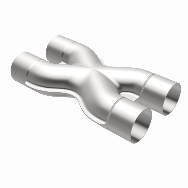MagnaFlow Smooth Trans X 2.5-inch stainless steel X pipe for exhaust systems, showcasing the polished metal and piping details.