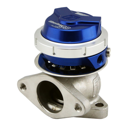 Blue Turbosmart WG38 Gen V Ultragate 38 wastegate with 14psi boost pressure, featuring a durable metal body and precise control.