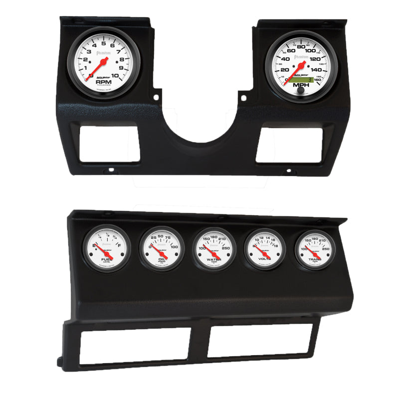 AutoMeter Phantom direct fit dash gauge kit for 87-96 Jeep Wrangler YJ, includes tach, speedometer, oil, volt, and transmission gauges.